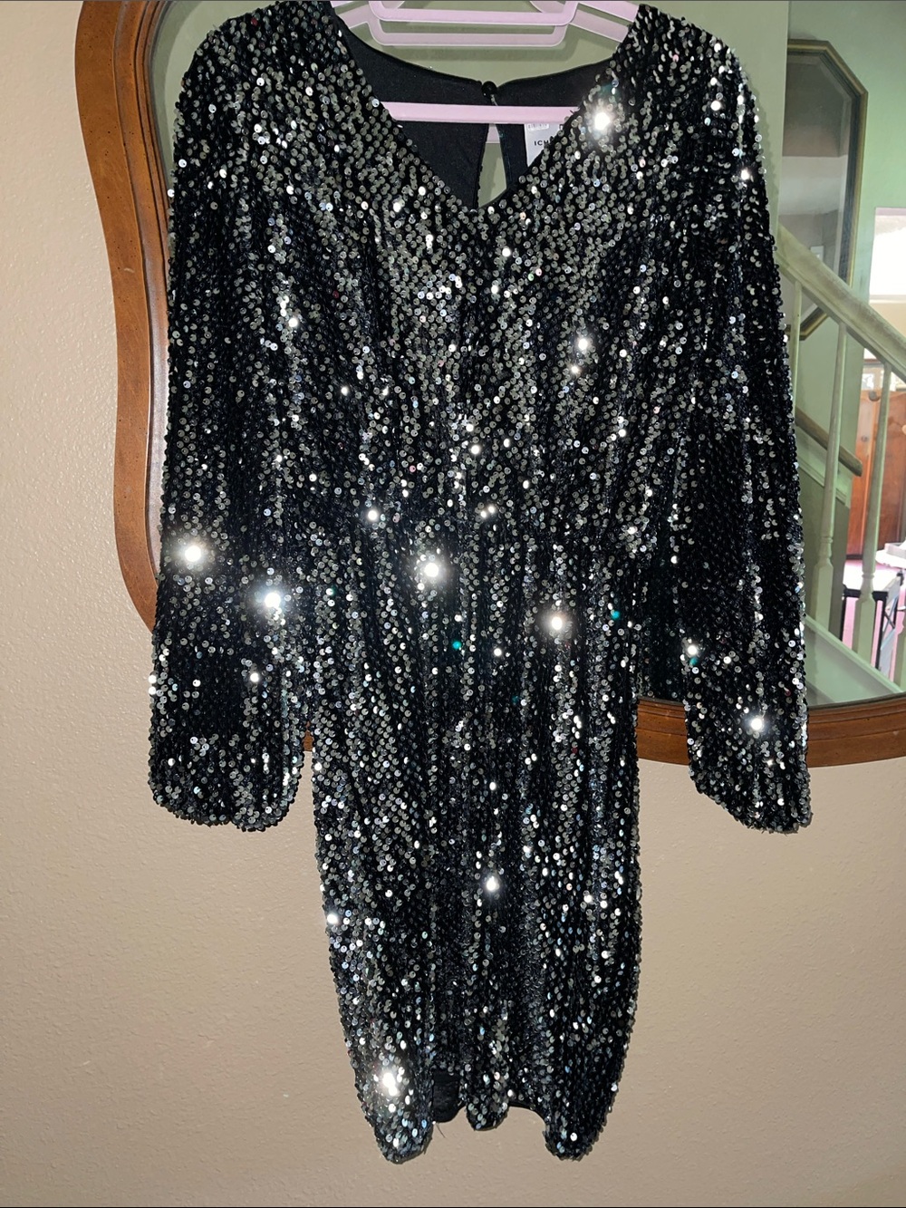 ICHI Black Sequin V-Neck Party Dress